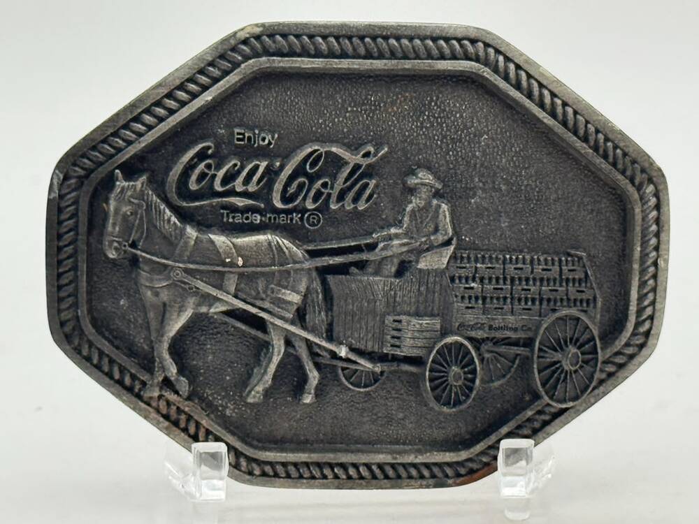 1980 Markatron Coca-Cola Horse Drawn Delivery Wagon Belt Buckle Rope Border USA
